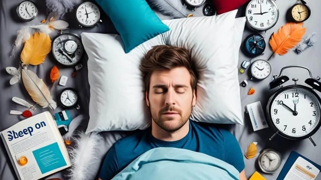 Illustration of a person lying awake in bed surrounded by icons of stress, phone notifications, and caffeine, representing common sleep disruptors.