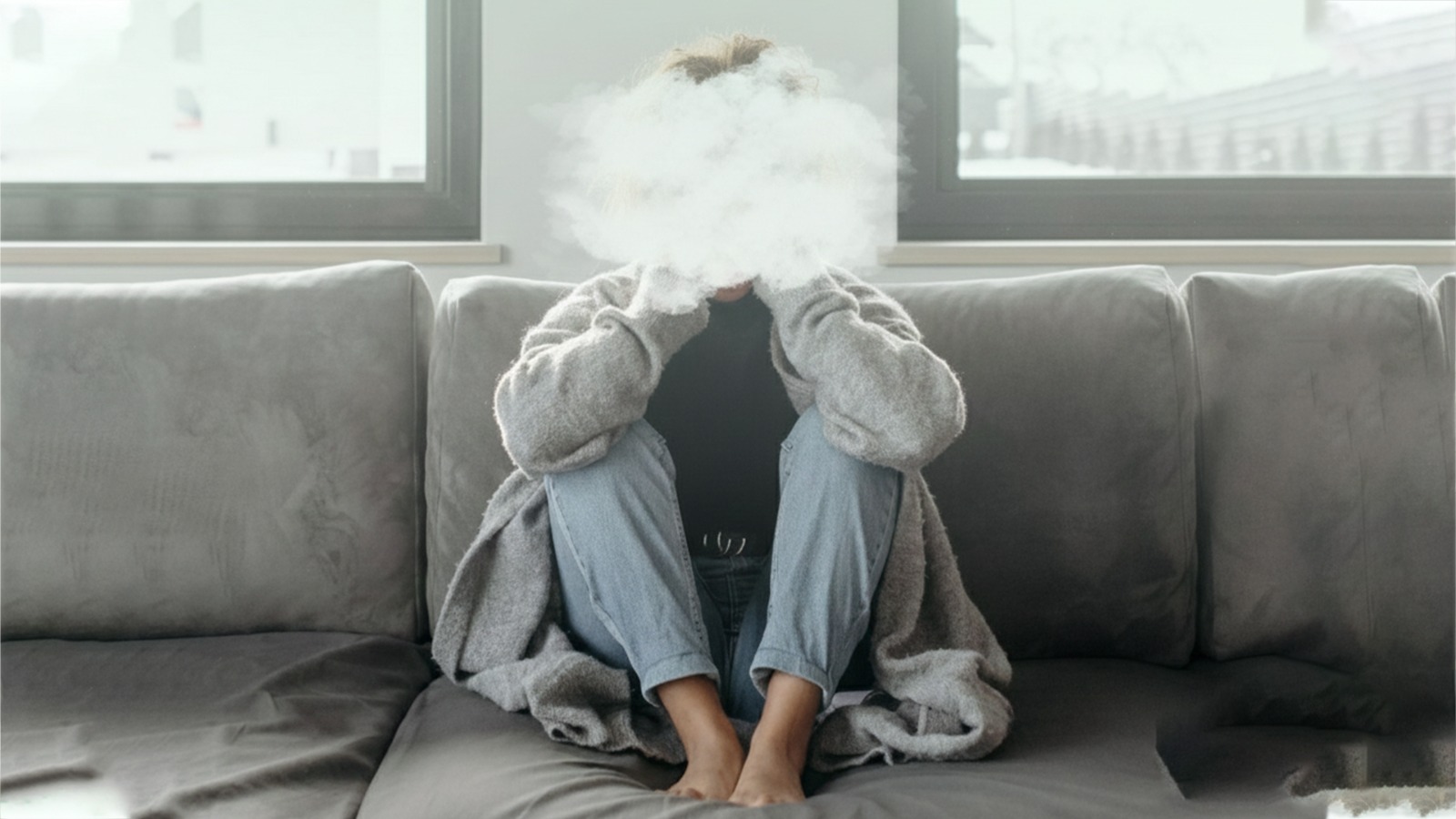 Harrisburg woman sitting with hands on head, experiencing brain fog and mental fatigue