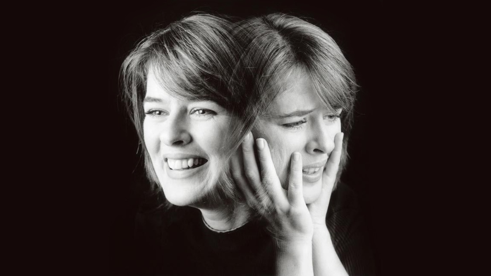Black-and-white image of a woman showing two faces—one smiling, one distressed—representing the mood swings of Bipolar II Disorder.