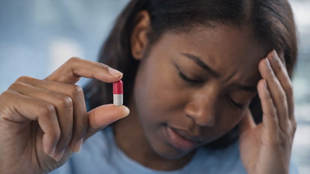 Woman holding an antidepressant pill while looking concerned, reflecting uncertainty about depression medication