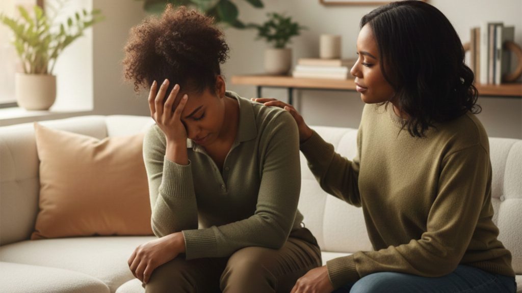 A woman calmly supporting another woman who appears stressed and anxious in a quiet, comforting setting.