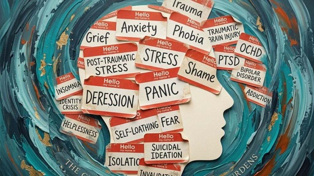 Illustration of a human head silhouette surrounded by labels representing mental health struggles such as anxiety, stress, depression, trauma, and isolation.