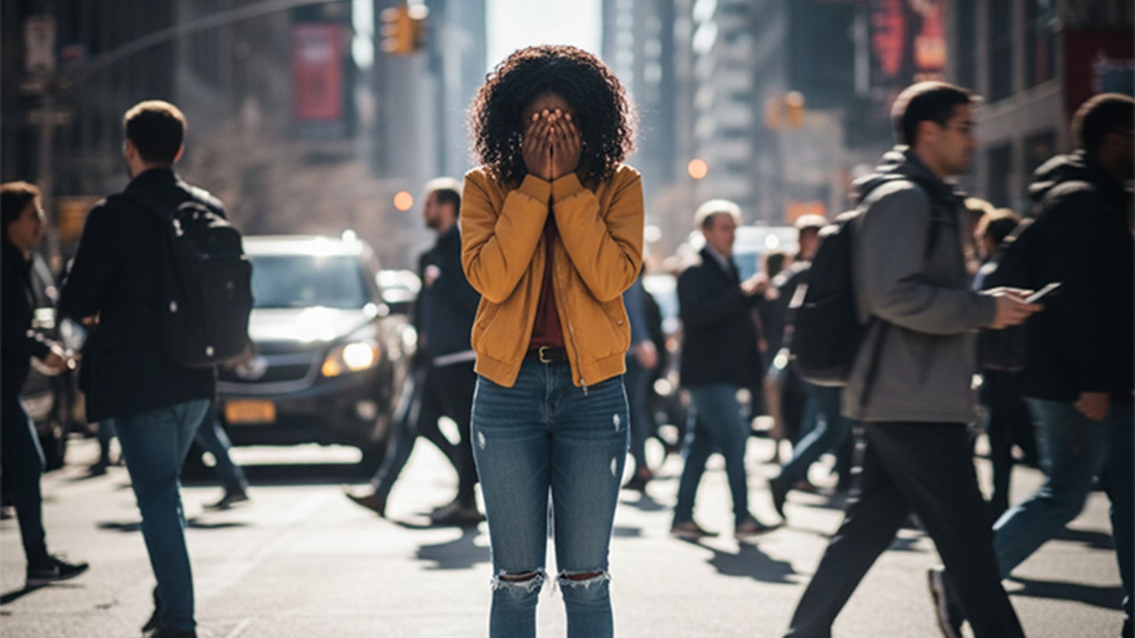 Person standing alone in a busy city street feeling overwhelmed and lonely, representing the mental health impact of loneliness after moving to a new country.
