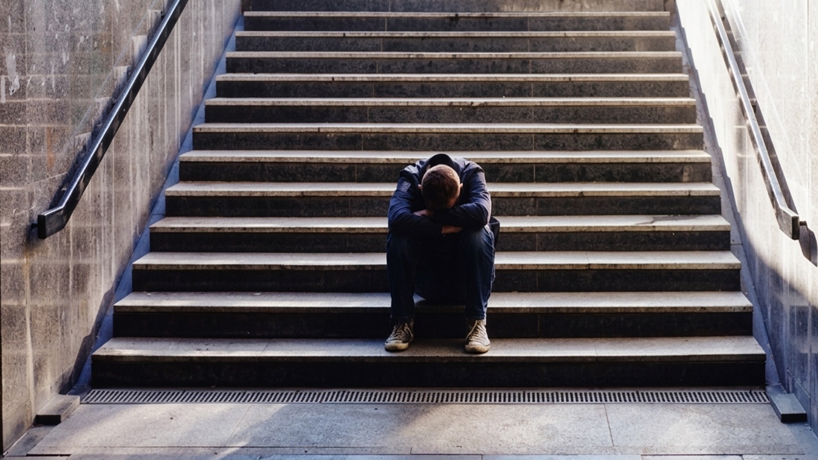 Person sitting on stairs with head down feeling lonely in a new country